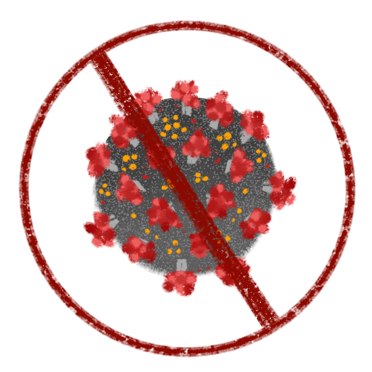  a red circle with a slash through it, symbolizing a prohibition sign. Inside the circle is a stylized image of a coronavirus, depicted with a red, spiky surface. 